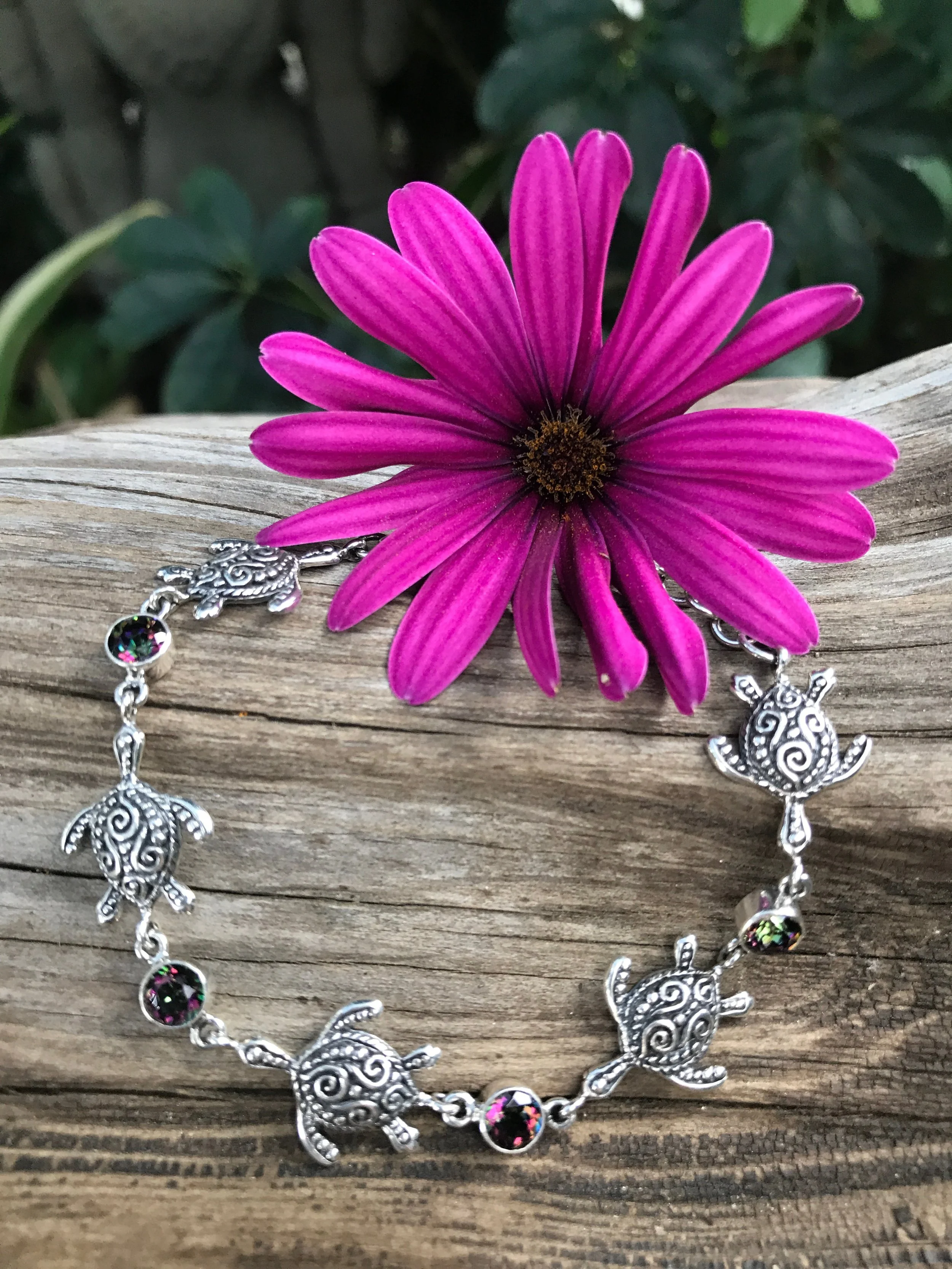 Sterling silver turtle bracelet, Amethyst gemstone bracelet, Mystic topaz jewelry, Handmade Bali jewelry, Sea turtle charm bracelet, Boho ocean-themed bracelet,