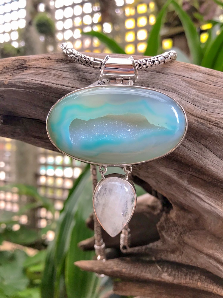 Blue Druzy Agate and Moonstone pendant