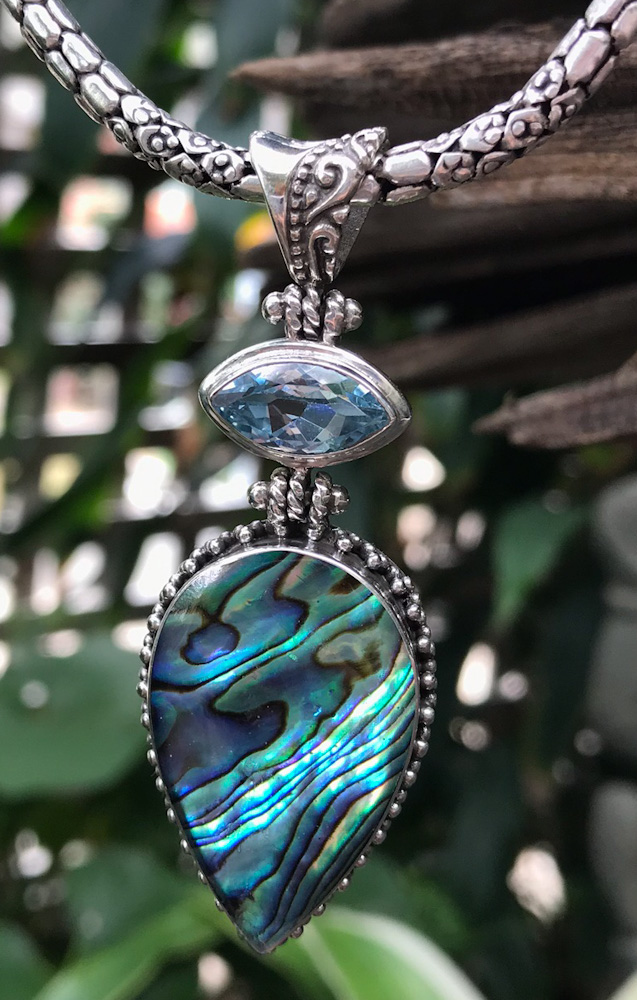 Abalone (Paua) and Blue Topaz sterling silver pendant.