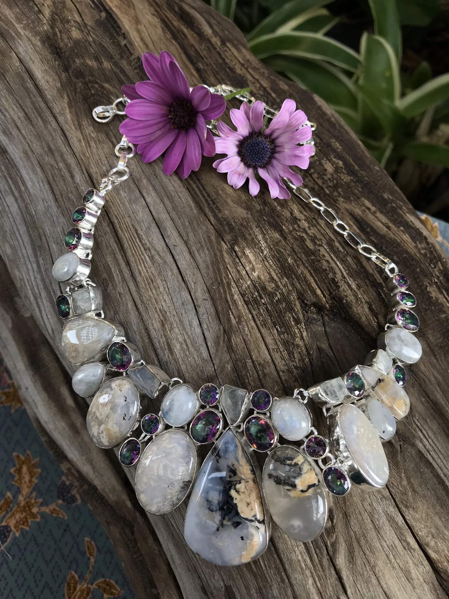 Dendritic Opal Necklace, Moonstone Jewelry, Mystic Topaz Necklace, Crystal Quartz Necklace, Boho Chic Jewelry, Sterling Silver Necklace, Healing Gemstone Necklace
