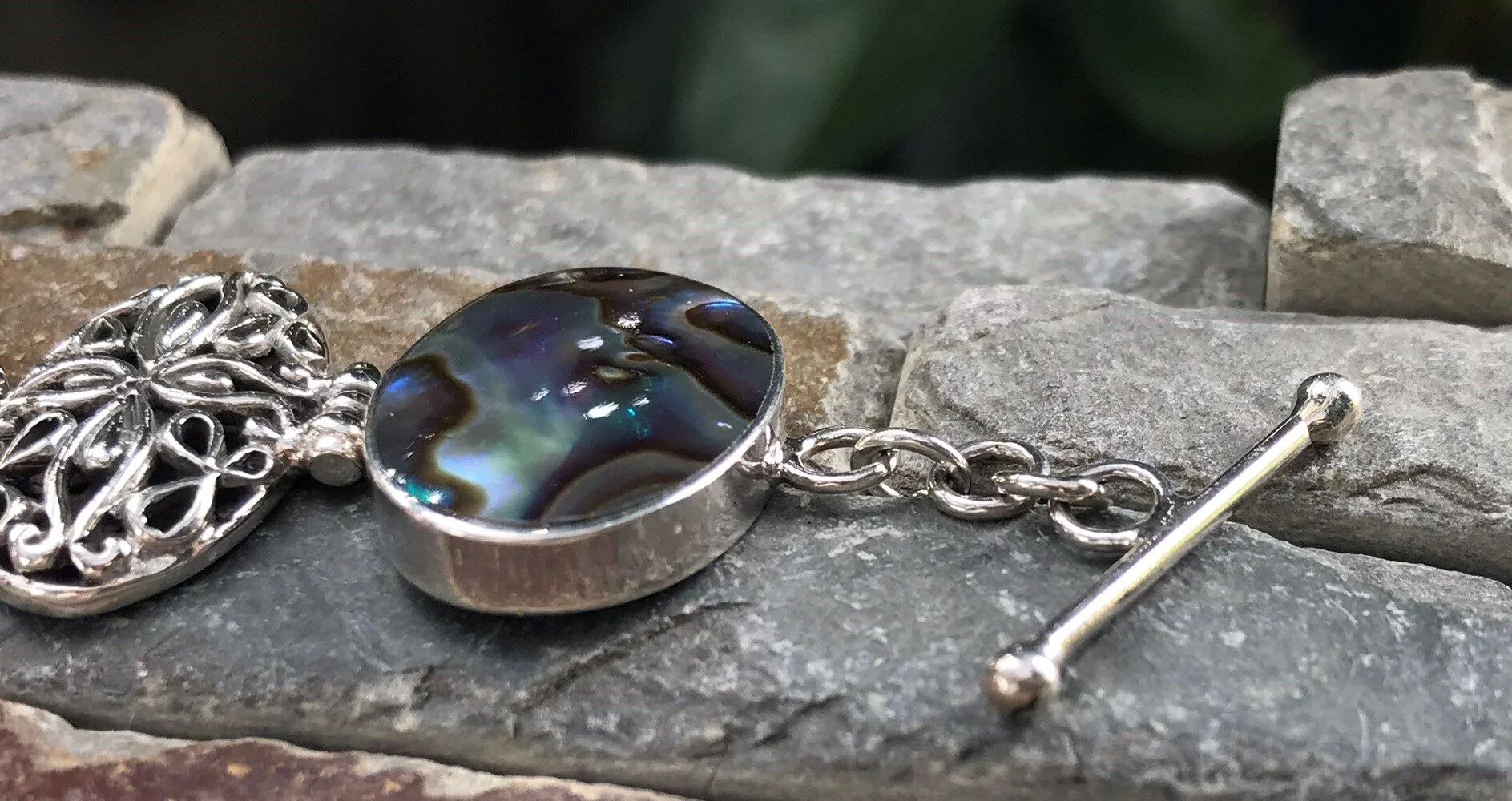 Iridescent Abalone, Natural Shell Bracelet, Silver Filigree, Sea-Inspired Accessories, Artisan Jewelry, Earthy Boho Bracelet, Unique Statement Piece, Ocean Colors Jewelry, Eco-Friendly Jewelry