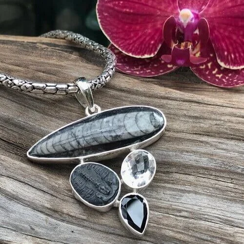 Ancient Orthoceras fossil, Trilobite fossil, Crystal and Onyx make up this pendant that is set in Sterling Silver. (chain not included)