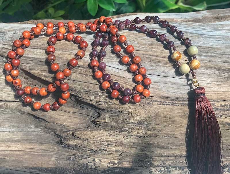 garnet, jasper, wooden beads, 108 mala