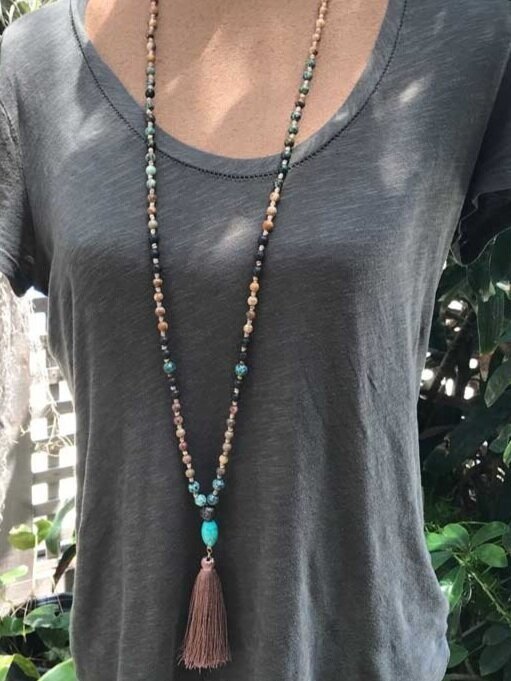 AFRICAN TURQUOISE, JASPER, LAVA STONE, TURQUOISE MALA -TAN 