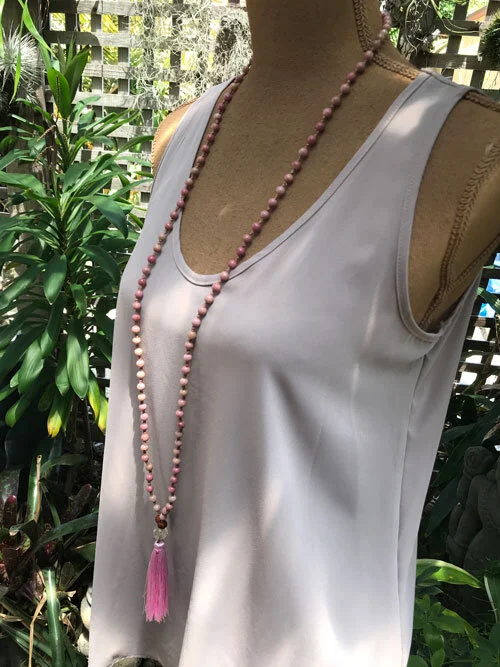 RHODONITA,  RUDRAKSHA MALA - 108 PINK TASSEL