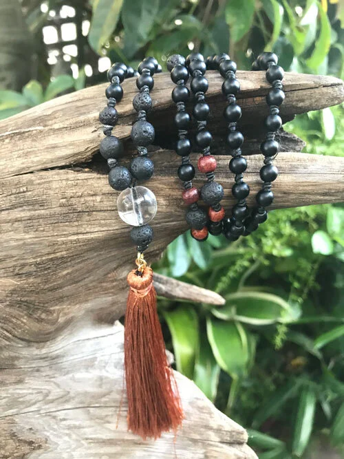 MATTE ONYX, LAVA STONE, WOOD BEADS  108 MALA - GOLD