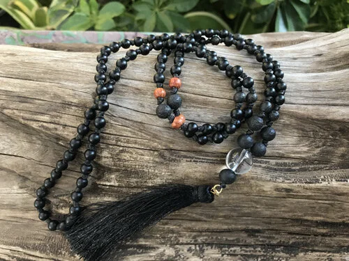 MATTE ONYX, LAVA STONE, WOOD BEADS  108 MALA - BLACK 