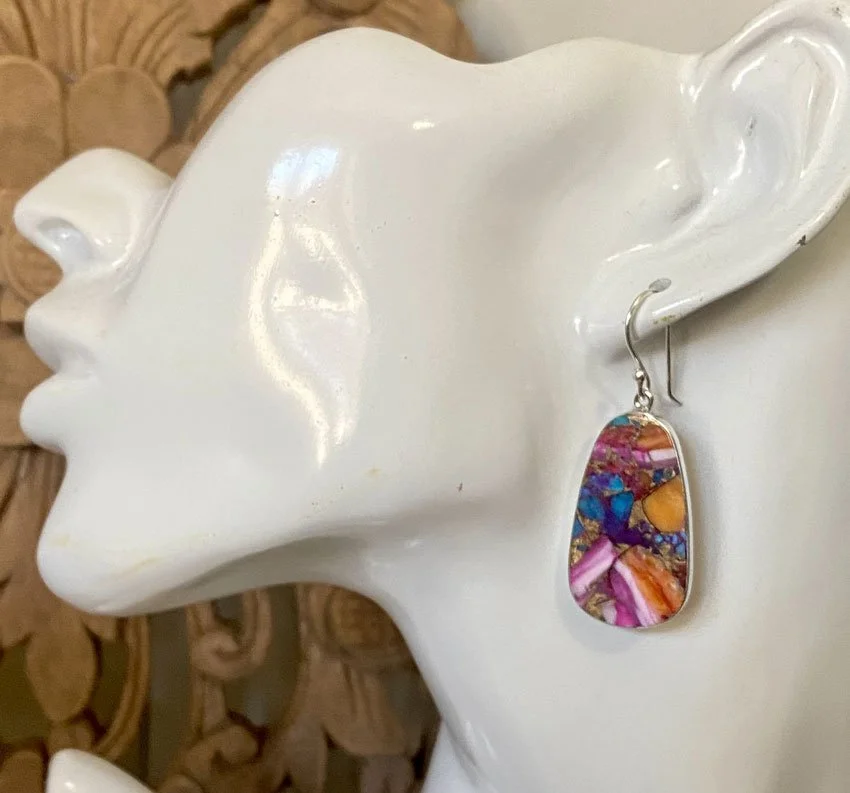Pink Oyster Turquoise Earrings, Sterling Silver Earrings, Boho Jewelry, Desert-Inspired Earrings, Mosaic Earrings, Handcrafted Jewelry, Statement Earrings,