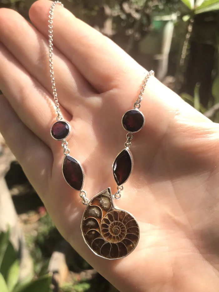 Ammonite Spiral Necklace, Marquise-Cut Red Gemstones, Garnet Necklace, Ruby Necklace, Sterling Silver Necklace, Boho Chic Jewelry, Nature-Inspired Jewelry, Unique Gemstone Necklace