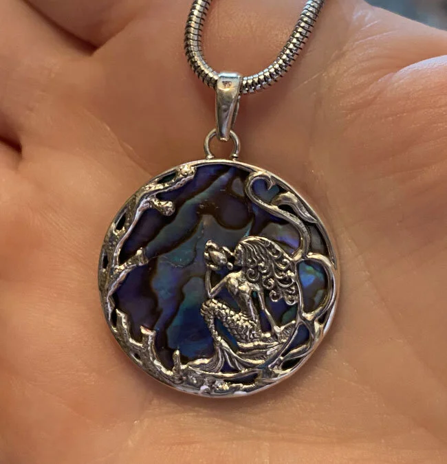 Abalone pendant, sterling silver, Mermaid, Sea Turtle, Kelp, Bali jewelry, handmade jewelry