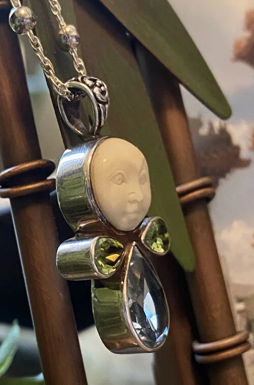 bali goddess, bone carved, peridot, blue topaz, topaz, goddess pendant, bali jewelry, sterling silver pendant, 