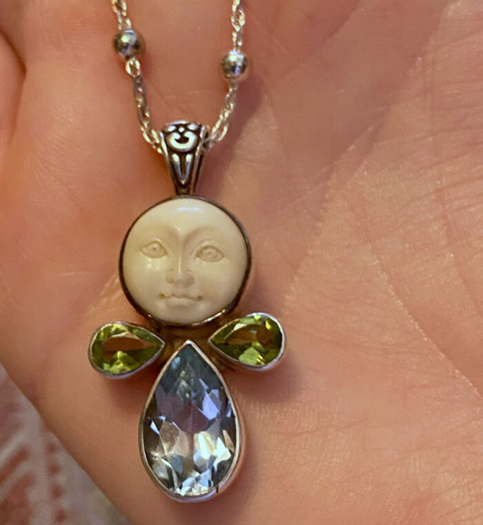 bali goddess, bone carved, peridot, blue topaz, topaz, goddess pendant, bali jewelry, sterling silver pendant,