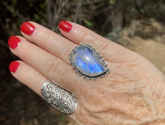 Rainbow moonstone sterling silver ring