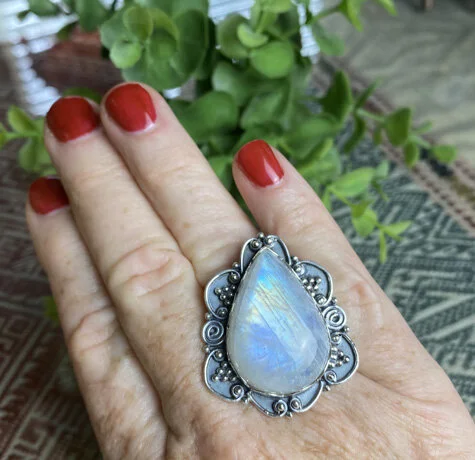 sterling silver rainbow moonstone ring,