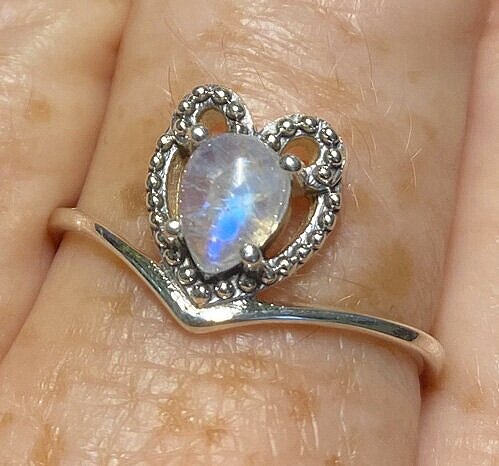rainbow moonstone ring, sterling silver, heart shaped 