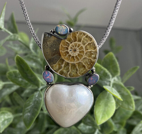 ammonite, pearl, opal, sterling silver pendant