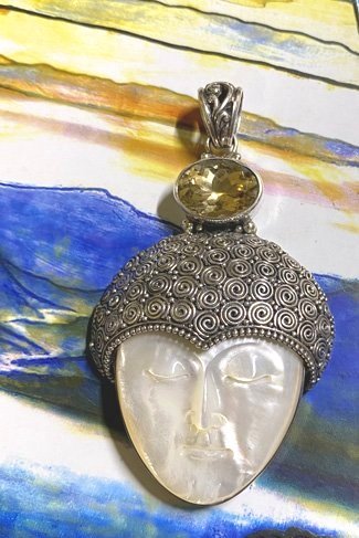 Bali Goddess pendant with citrine and mother of pearl, sterling silver