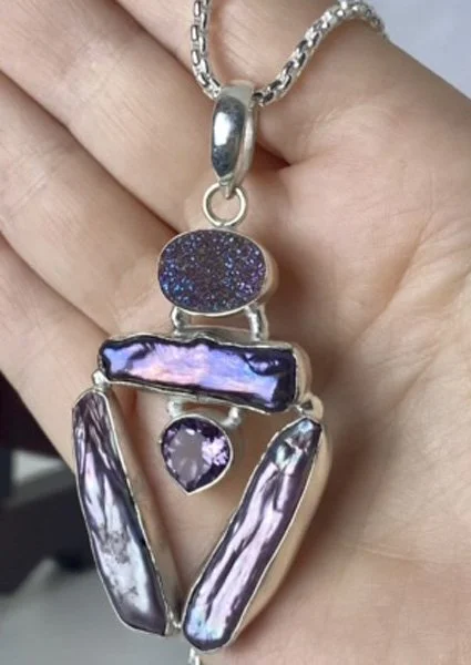 Druzy, Purple Mabe pearl, Amethyst pendant set in Sterling silver