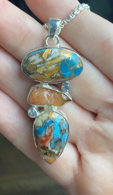 Blue Topaz, Mexican Fire Opal, Oyster Turquoise pendant set in sterling silver