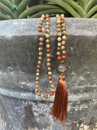 Picture Jasper, Red Jasper, Rutilated Quartz mala