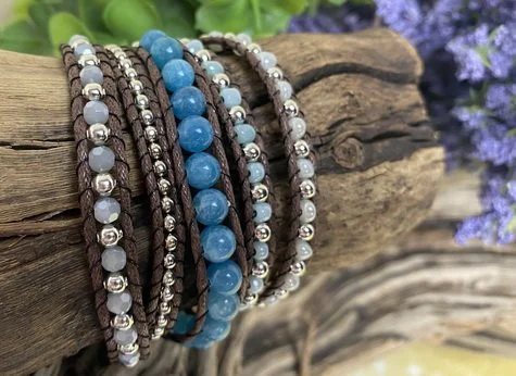 5 round wrap bracelets with blues, silvers and pearls