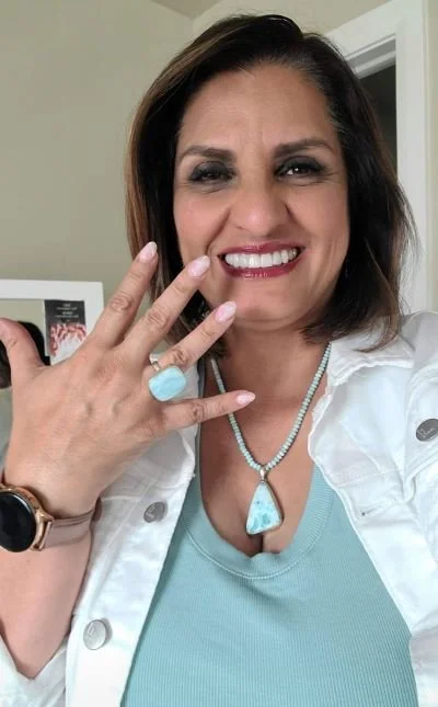 Larimar bead necklace features hand-cut rondelle beads.