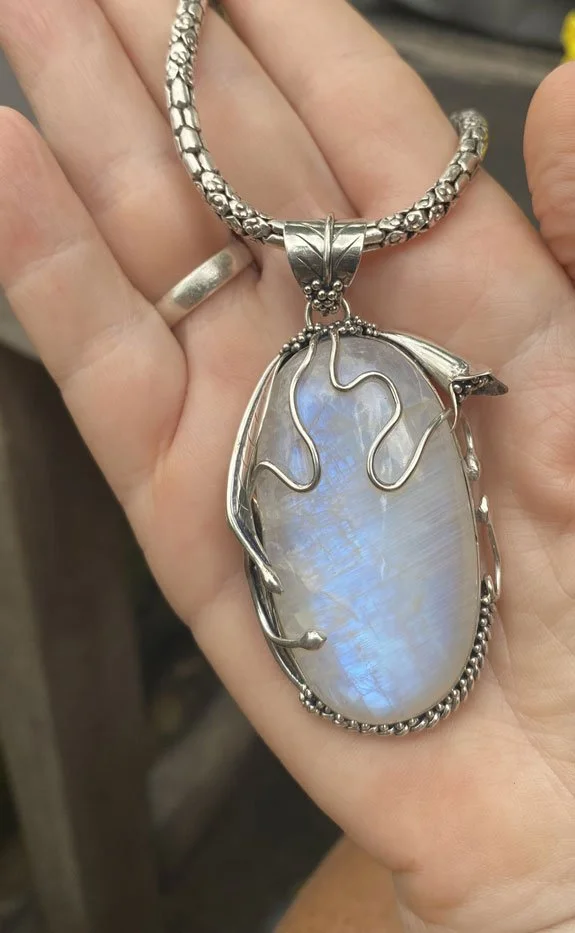 Rainbow Moonstone pendant set in sterling silver, made in Bali