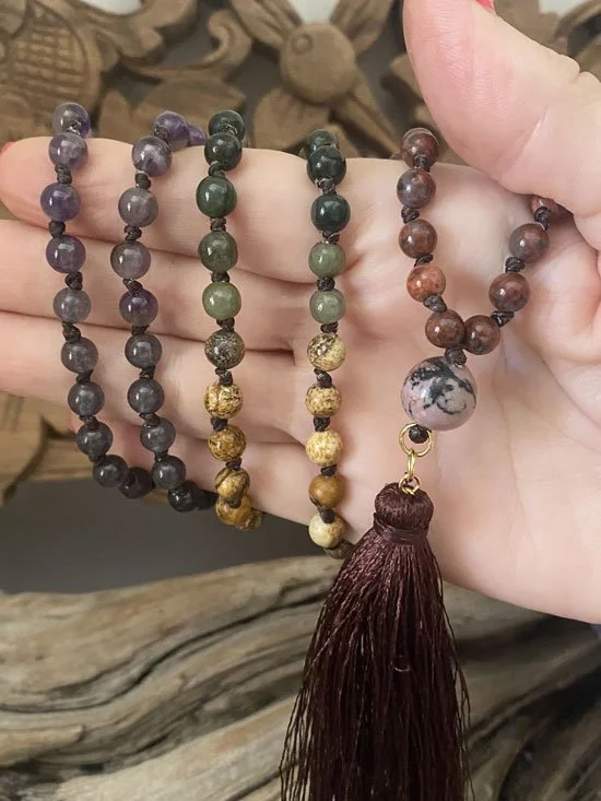 7 chakra 108 bead mala, amethyst mala, jasper mala, carnelian mala, red jasper mala aquamarine mala, rhodolite mala, handmade jewelry, meditation jewelry, yoga jewelry