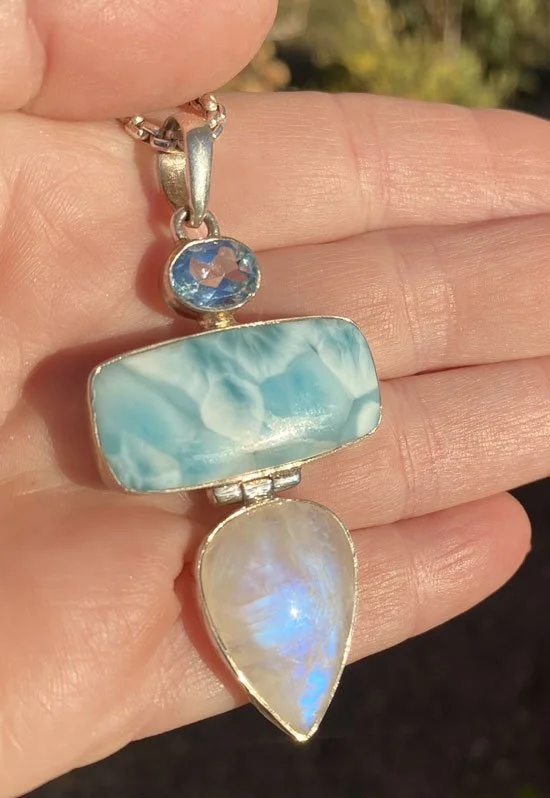 larimar, moonstone, blue topaz sterling silver pendant hand made in India