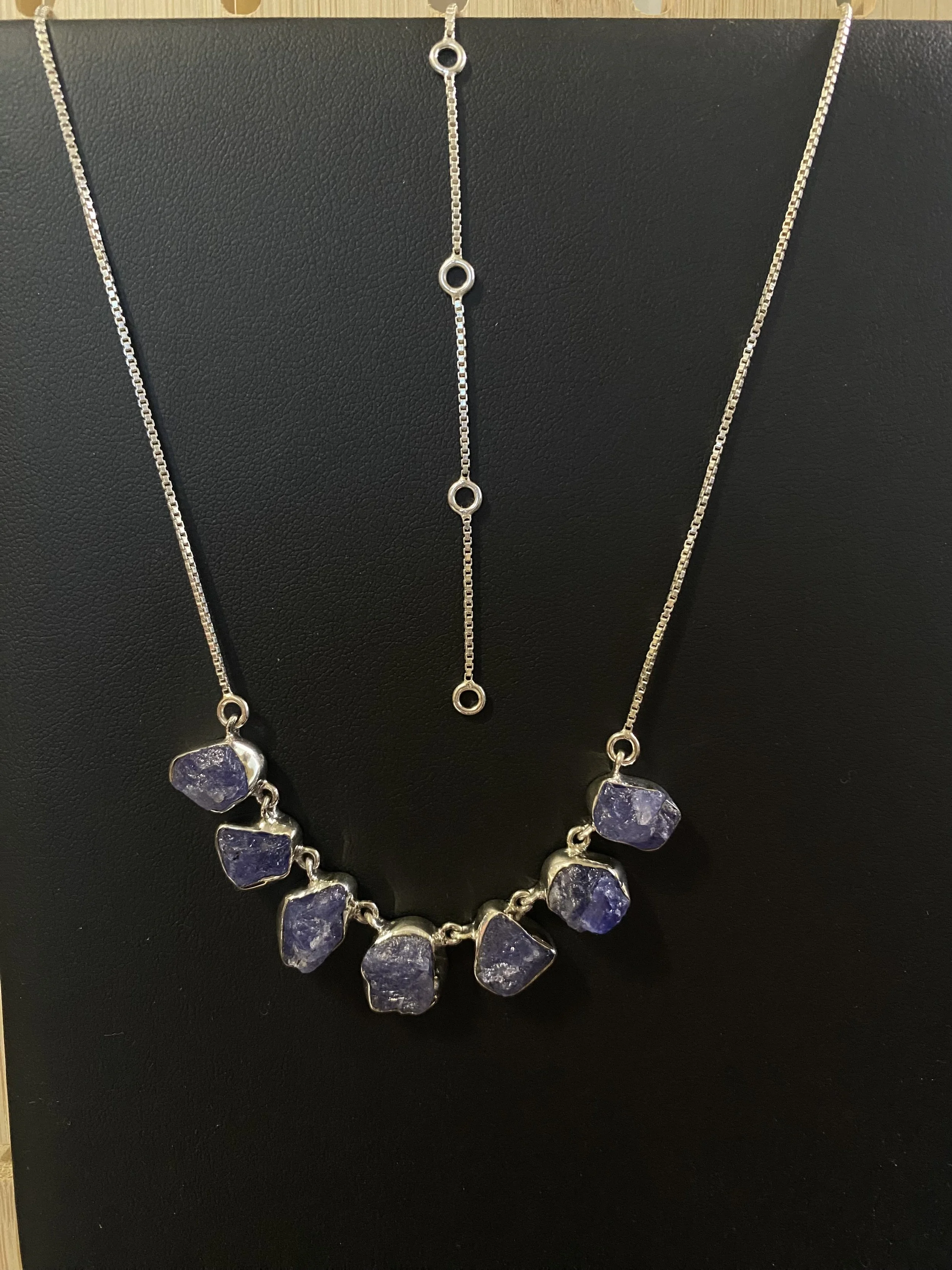 rough unpolished natural tanzanite gemstones set in sterling silver, Necklace- handmade in India