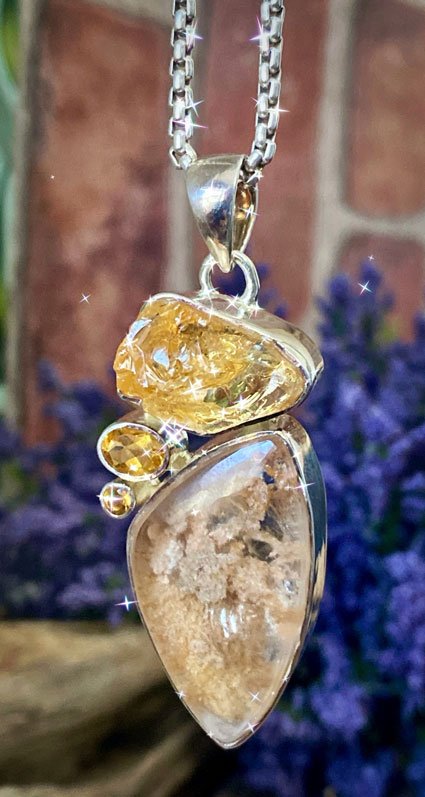 citrine pendant, citrine jewelry, raw citrine pendant, natural citrine, garden quartz, lodolite, lodalite, lodelite, sterling silver jewelry, sterling silver pendant