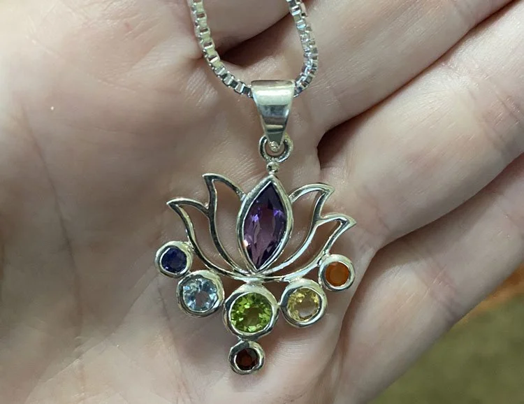 sterling silver pendant, lotus design, 7 chakra gemstones, handmade necklace, spiritual jewelry, Bali craftsmanship, energy balancing, holistic accessories