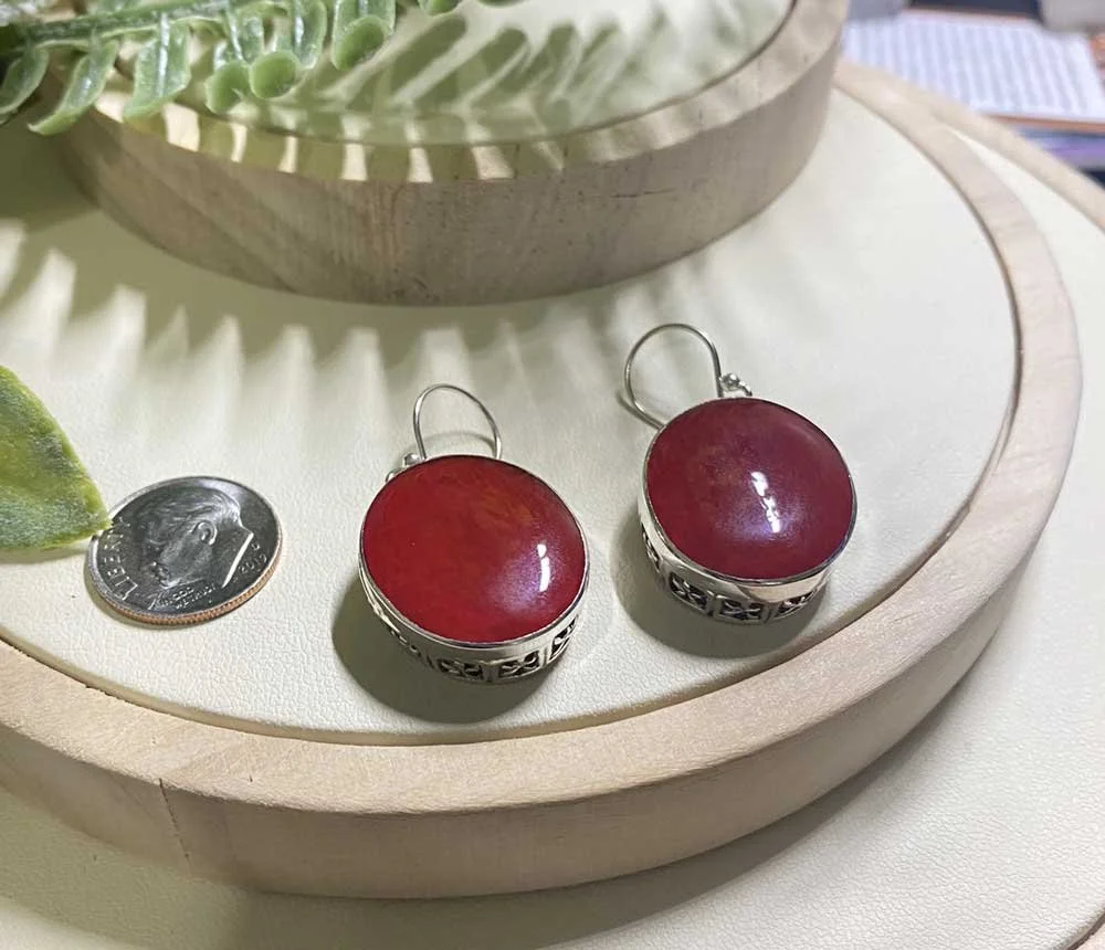 red coral sterling silver earrings, red coral gemstone, red coral sterling silver earrings handmade in Bali