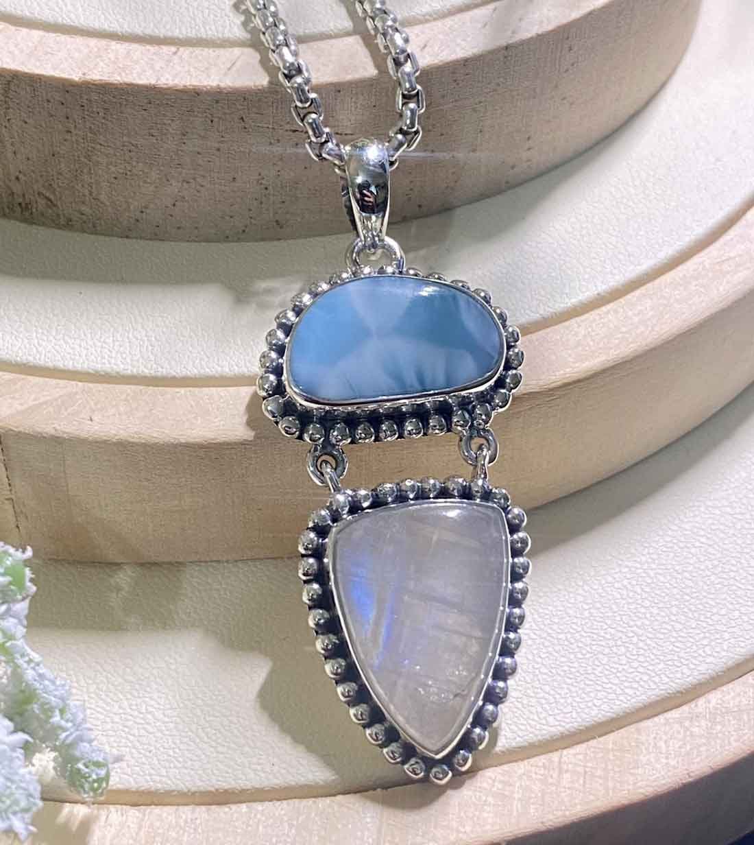 larimar, atlas stone and moonstone pendant set in .925 sterling silver