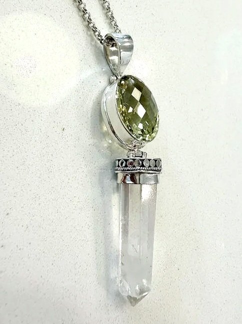 Sterling silver lemon quartz and clear quartz pendant.