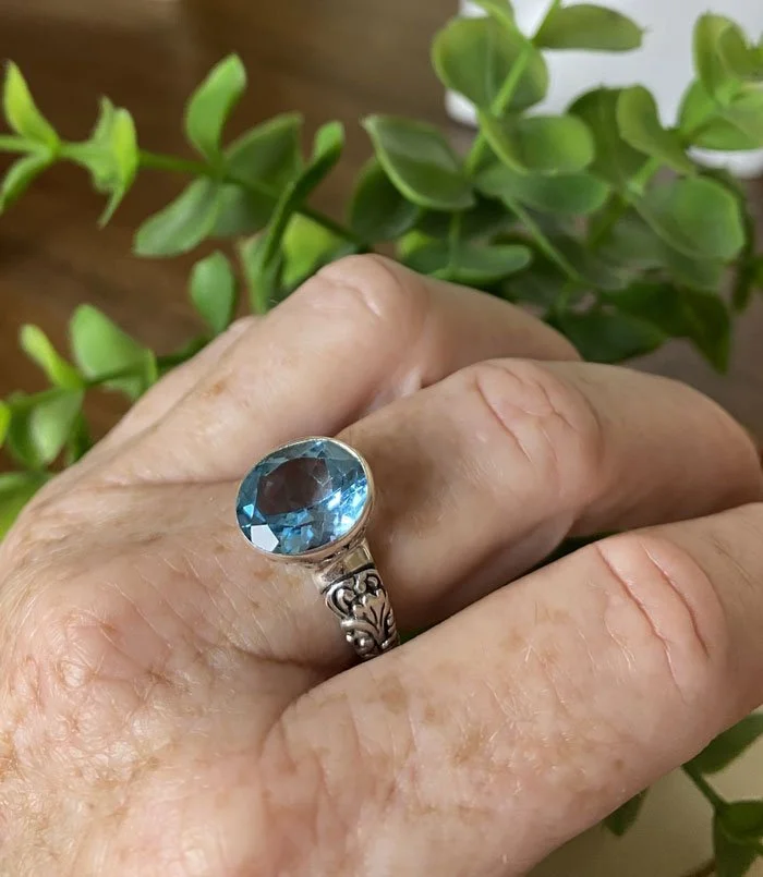 sterling silver blue topaz faceted gemstone ring