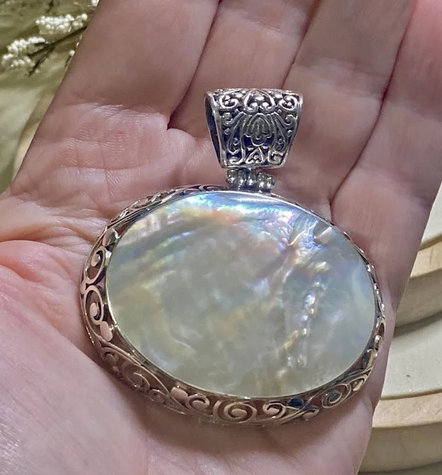 Mother of Pearl Pendant, Sterling Silver Jewelry, Handmade Pendant, Bali Jewelry, Artisan Jewelry, Boho Jewelry, Organic Jewelry, Unique Pendant, Bali Craftsman, Elegant Silver Pendant