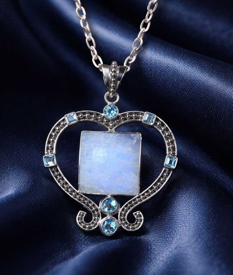 Sterling silver moonstone and blue topaz heart pendant