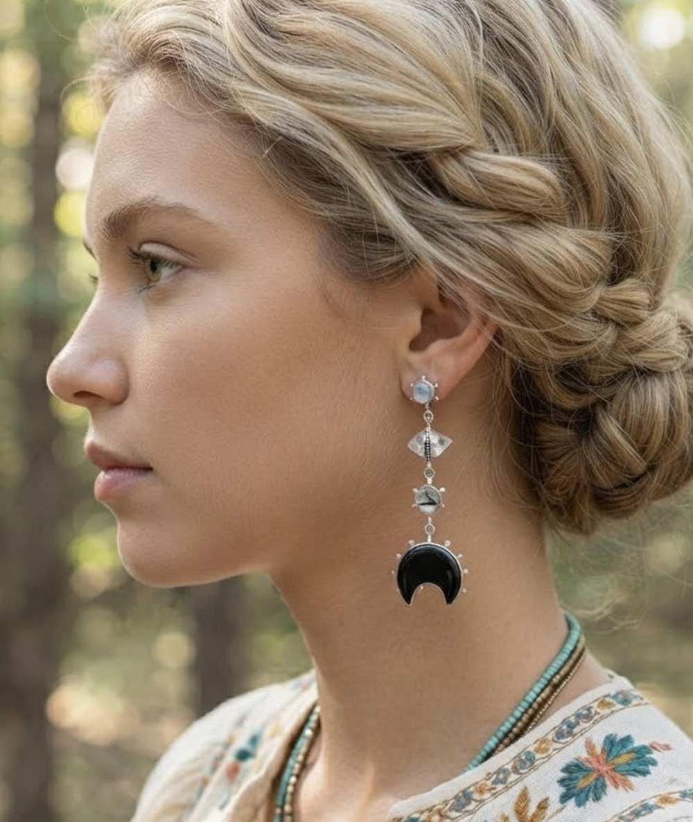 Black Onyx crescent moon sterling silver dangle earrings with Moonstone, Herkimer Diamond and Tourmalinated Quartz gemstones