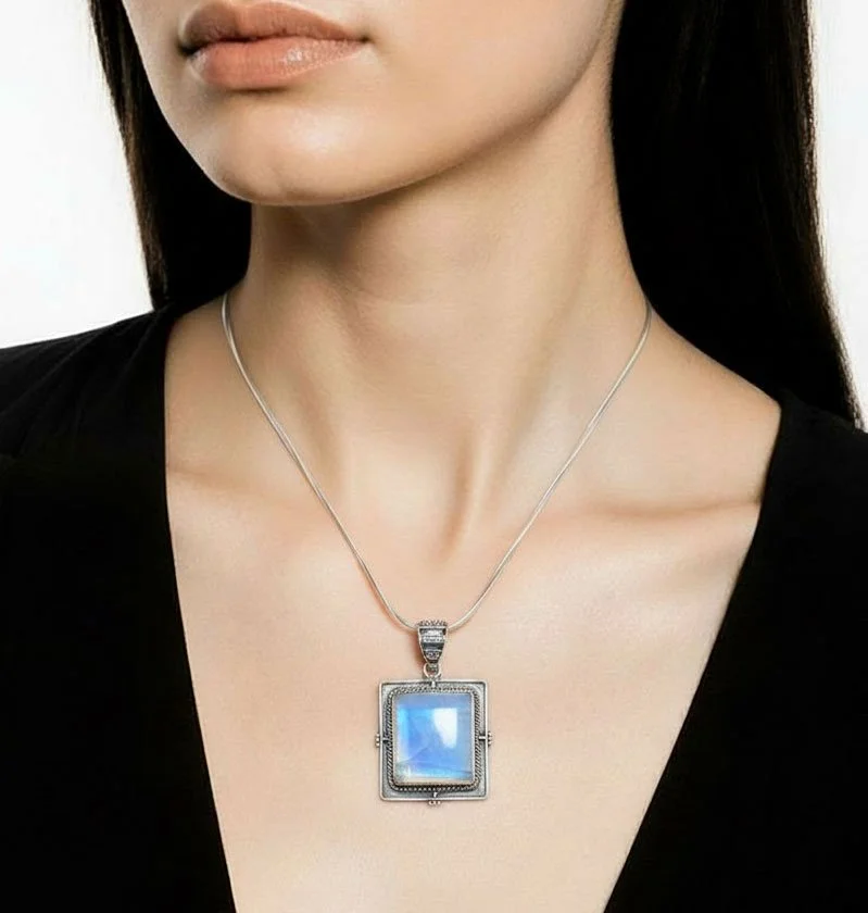 sterling silver moonstone pendant, rainbow moonstone jewelry, square moonstone necklace, natural moonstone gemstone, blue flash moonstone, artisan silver pendant,