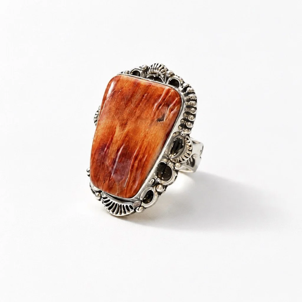 One-of-a-kind orange spiny oyster shell ring with ornate sterling silver setting and detailed artisan design.