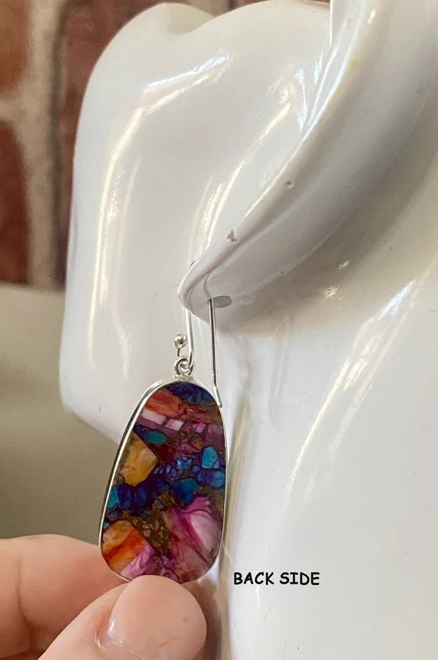 Pink Oyster Turquoise Earrings, Sterling Silver Earrings, Boho Jewelry, Desert-Inspired Earrings, Mosaic Earrings, Handcrafted Jewelry, Statement Earrings,