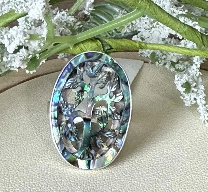 Sterling silver Tree of Life ring with abalone shell inlay