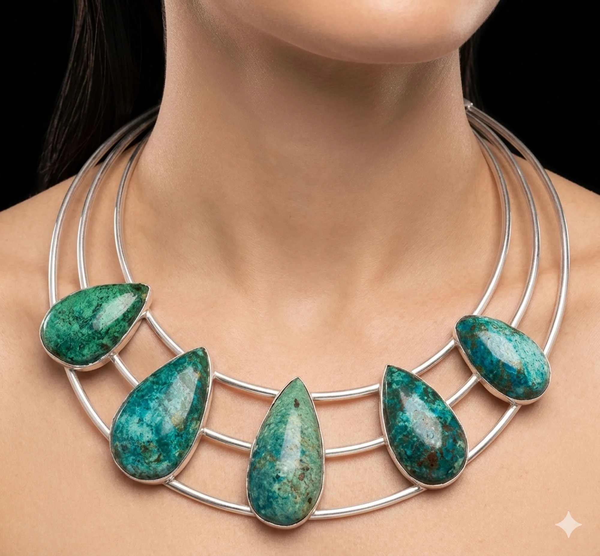 Chrysocolla collar necklace statement piece with five natural turquoise stones set in sterling silver artisan jewelry