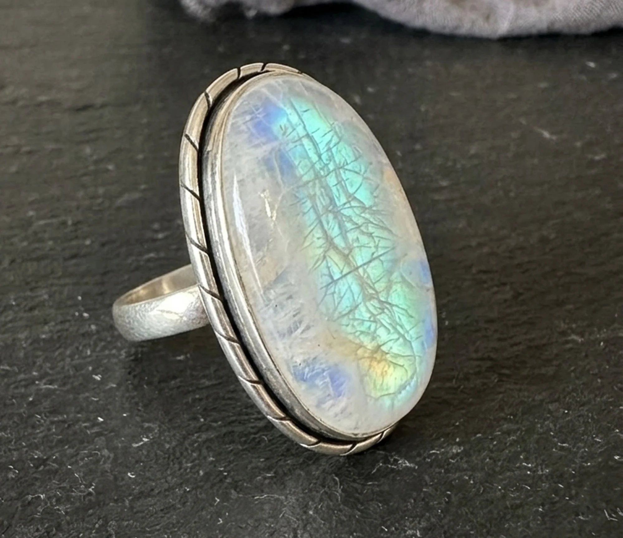 Large oval moonstone statement ring artisan silver gemstone jewelry Chantek Designs