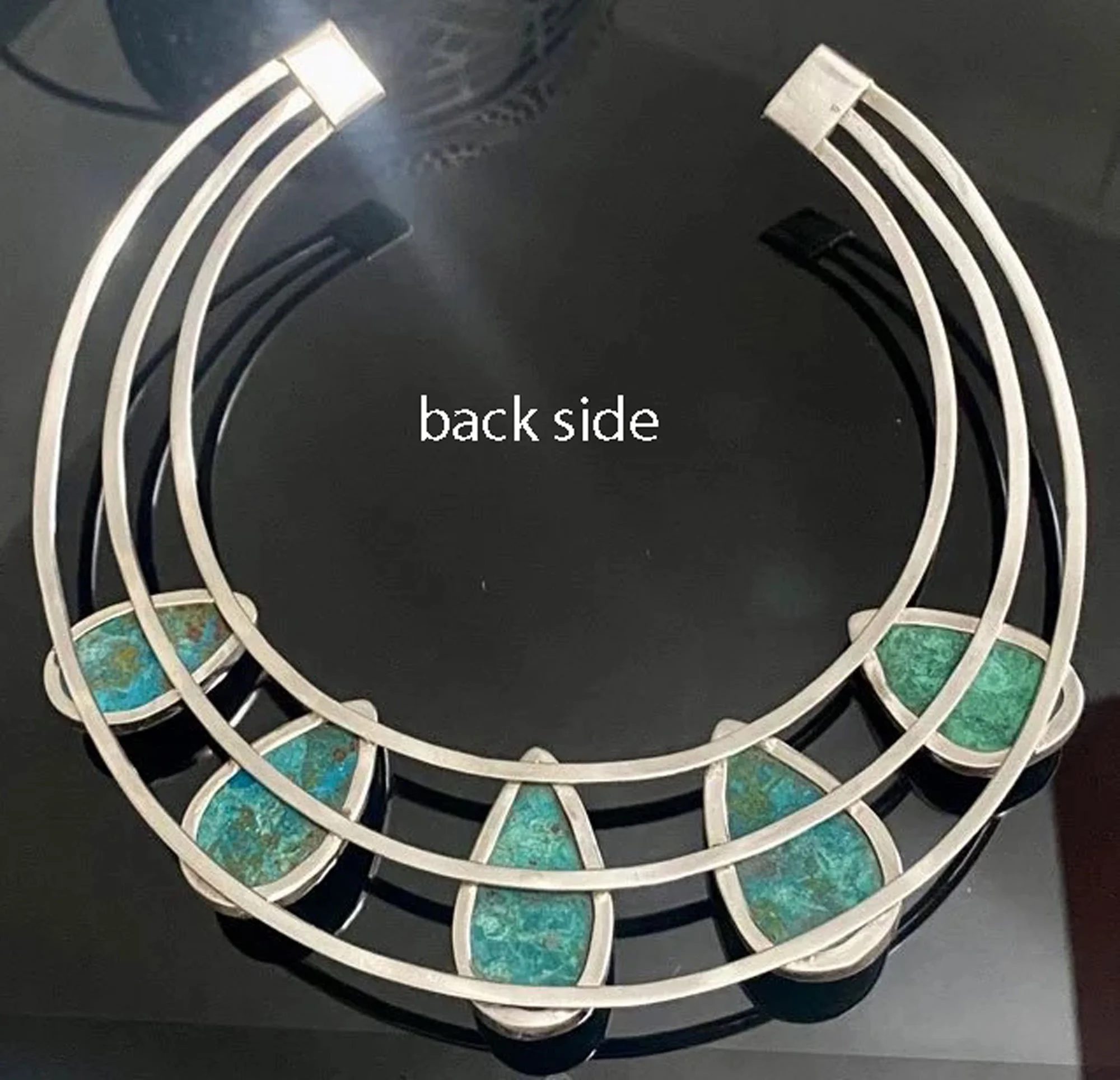Back of Chrysocolla statement collar necklace showing sterling silver triple band handcrafted artisan jewelry