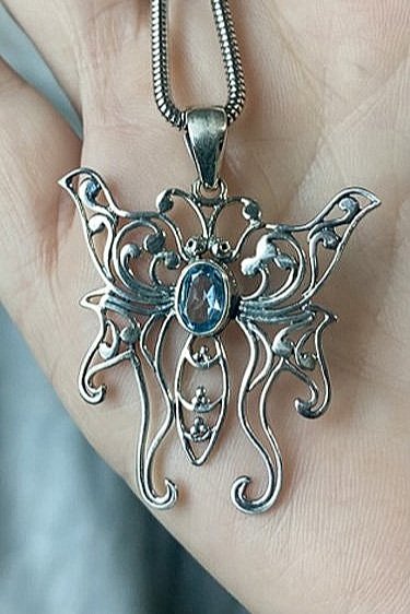 sterling silver and blue topaz Butterfly pendant, boho jewelry, december birthstone