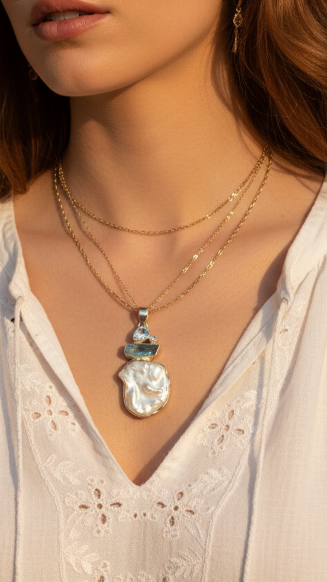 baroque pearl pendant, aquamarine pendant, apatite pendant, sterling silver jewelry, boho gemstone necklace, artisan jewelry, statement necklace