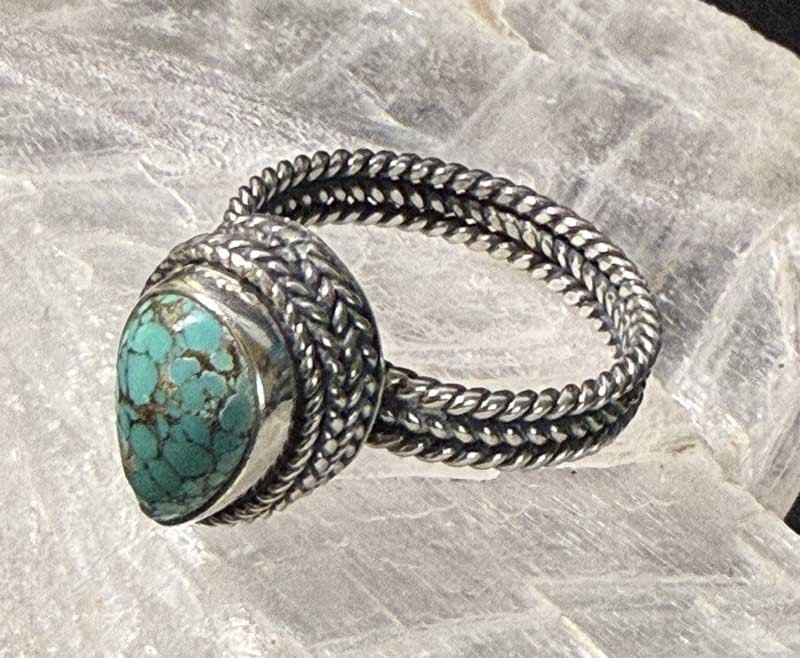 Handmade sterling silver turquoise ring with braided band, artisan jewelry from Bali, boho gemstone ring for women