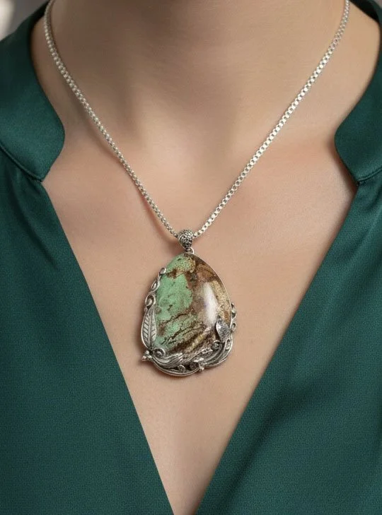 turquoise pendant, natural turquoise jewelry, sterling silver pendant, Balinese silver, artisan gemstone jewelry,